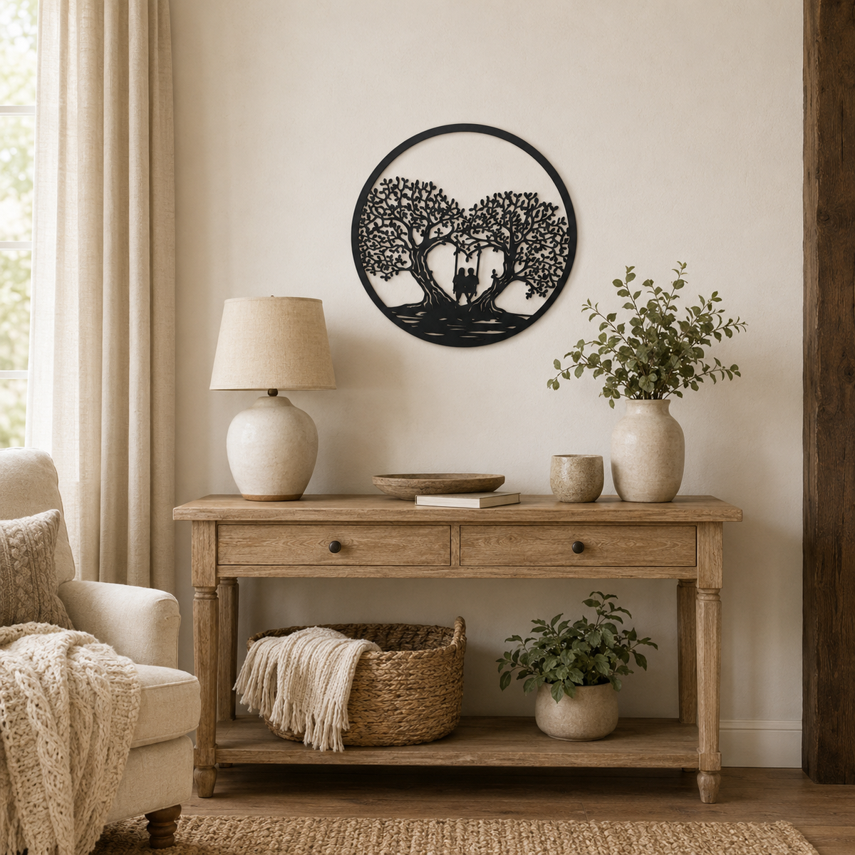 Romantic Couple on Swing Metal Wall Art – 15-Inch Tree of Love Décor