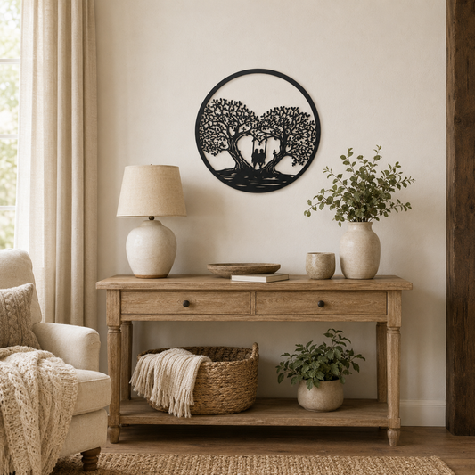 Romantic Couple on Swing Metal Wall Art – 15-Inch Tree of Love Décor