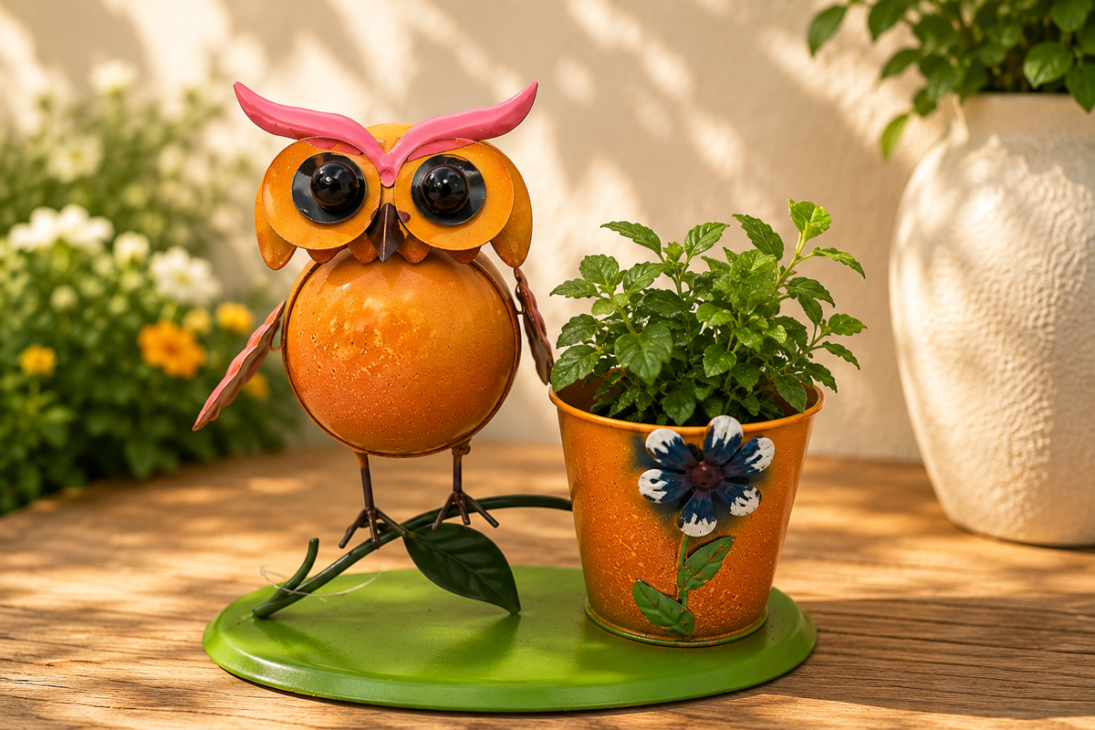 Whimsical Metal Owl Planter with Flower Pot | Cute Garden Owl Decor | Indoor Outdoor Plant Holder