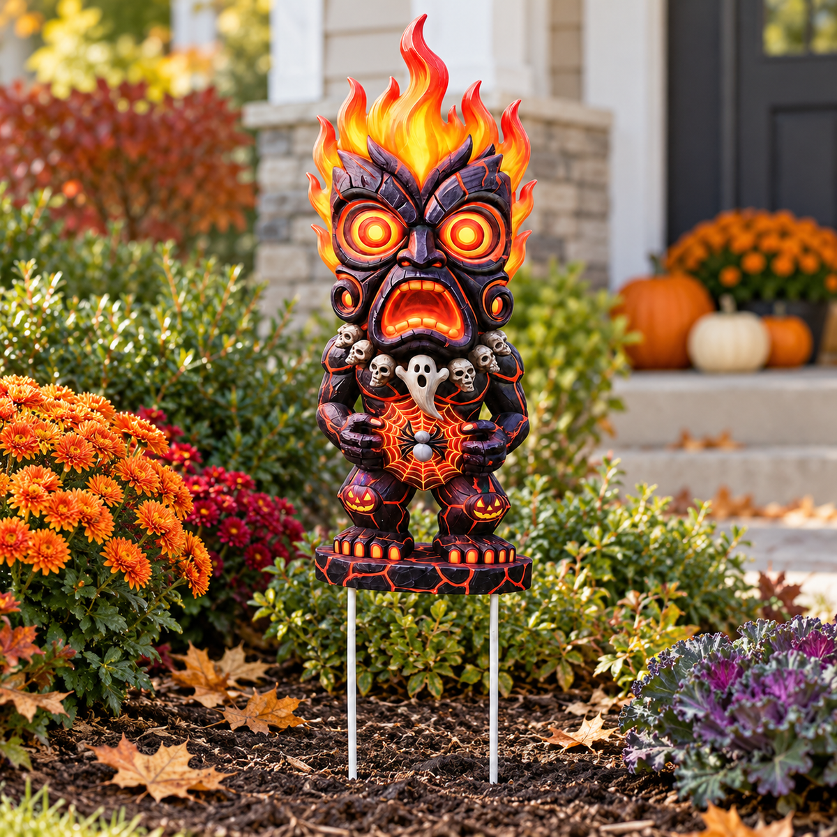 Flaming Halloween Tiki Garden Stake – Spooky Skull &amp; Pumpkin Yard Decor
