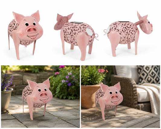 Rosie the Solar Pig™ – Whimsical Pink Metal Solar Garden Lantern