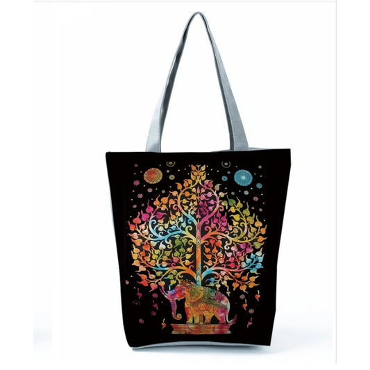 Elephant Standing Under a Tree Print Tote Bag Polyester with Zipper