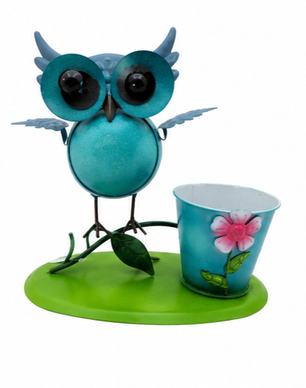 Whimsical Metal Owl Planter with Flower Pot | Cute Garden Owl Decor | Indoor Outdoor Plant Holder
