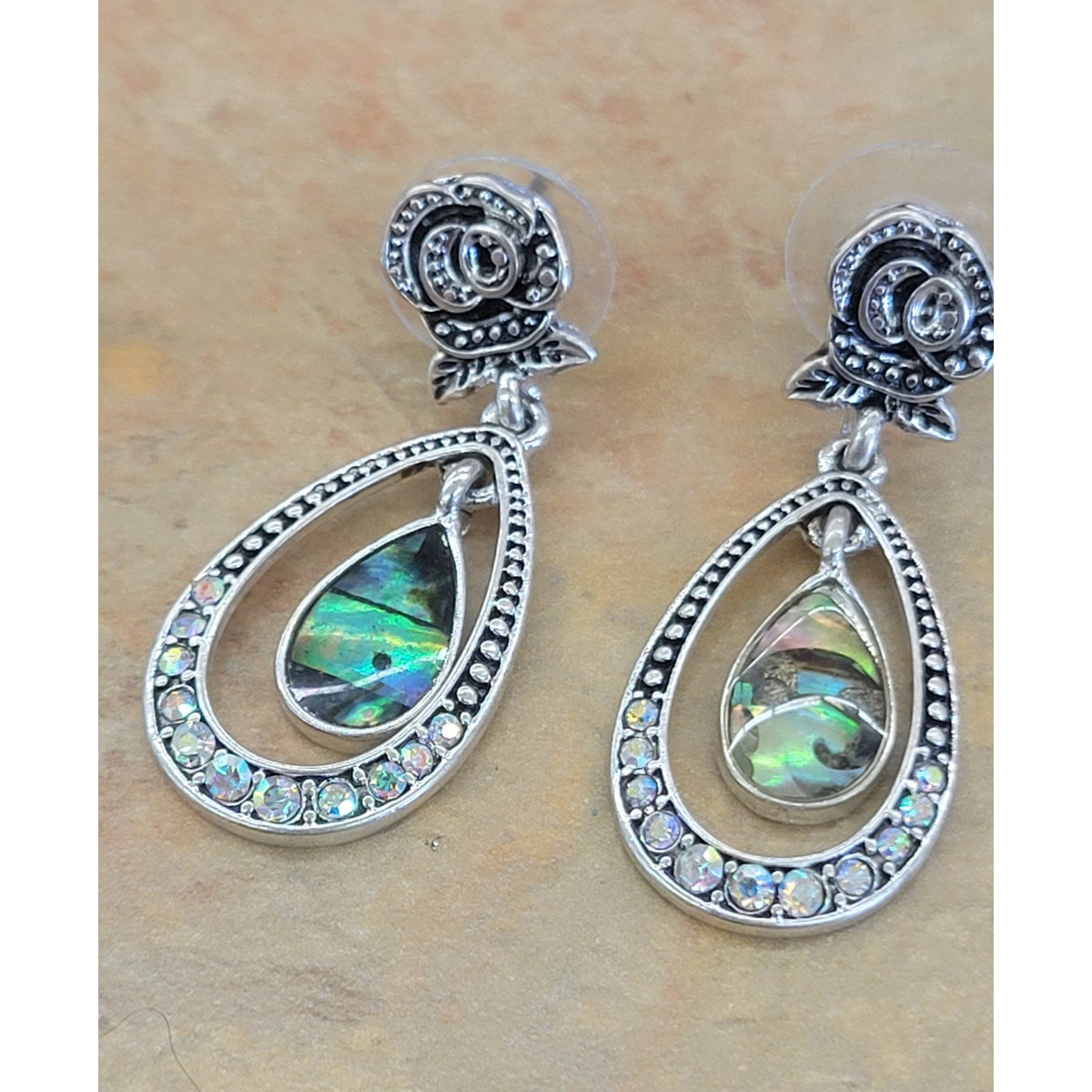 Abalone Double Tear Drop Rose dangle earrings