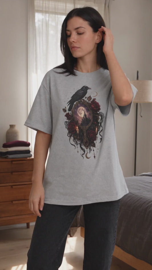 Gothic Raven T-Shirt, Dark Academia Moon Mirror Tee, Vintage Crow and Roses Shirt, Witchy Halloween Graphic Tee