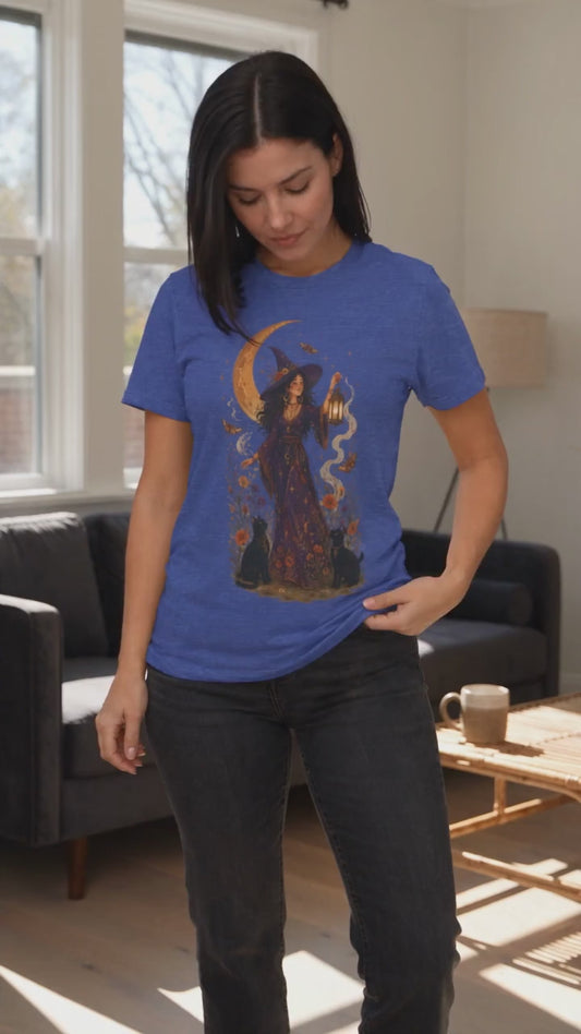 Witch with Lantern T-Shirt | Crescent Moon Halloween Tee